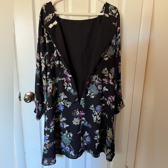 LOFT Long Sleeve Square Neck Black Midi Dress with Purple & Green Floral Print - Picture 5 of 6